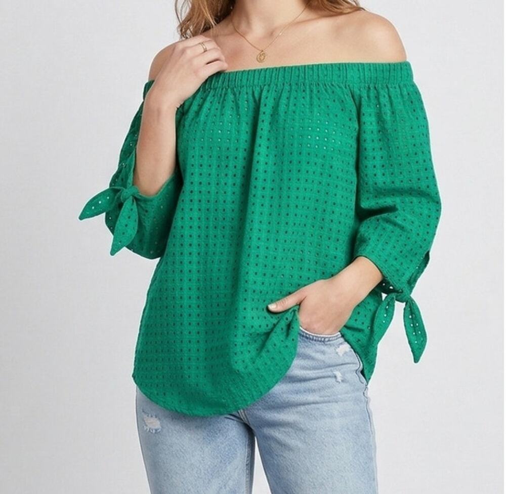 Jessica London 14W Green Eyelet Off Shoulder Top